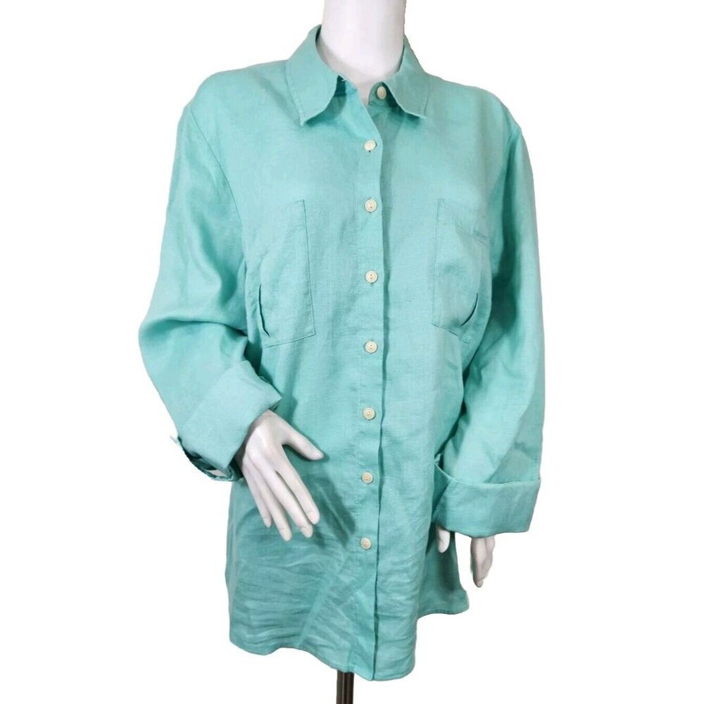 Investments Womens Size 14 W Green Linen Blouse Shirt w Tab Sleeves NWT ---18